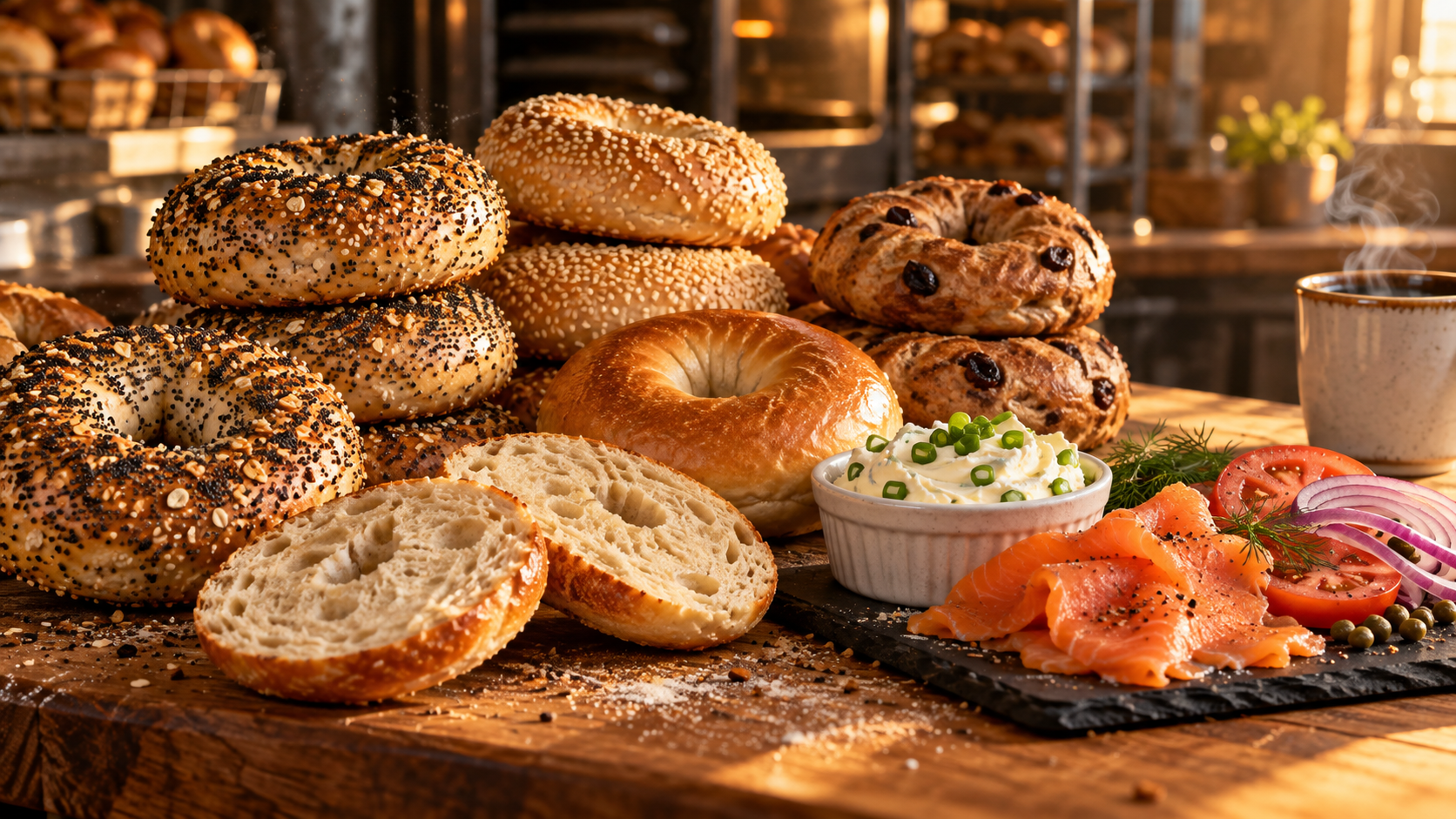 Illustrative image: fresh bagels, scallion cream cheese, sliced lox and coffee on a morning counter