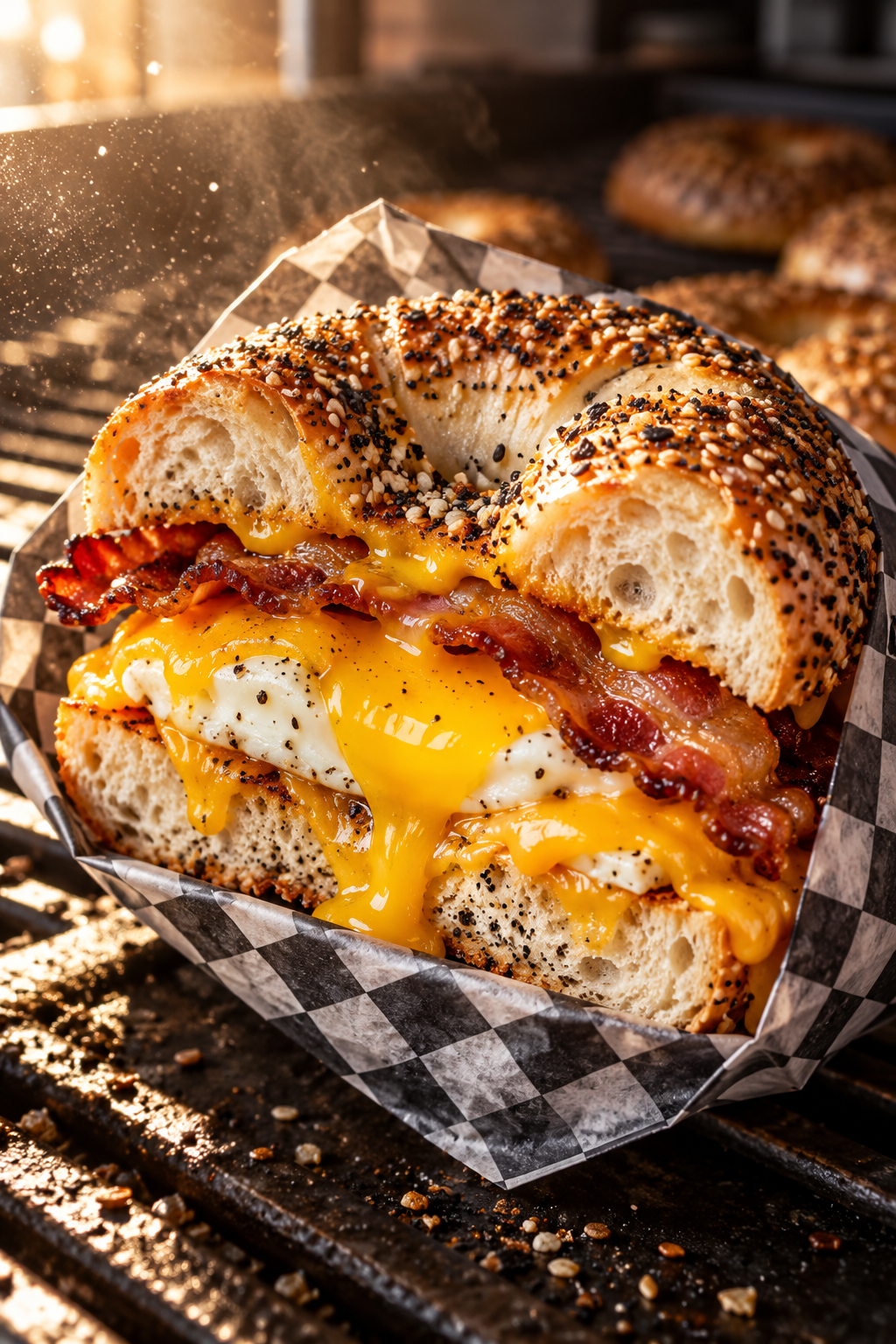 Illustrative image: a bacon egg and cheese on an everything bagel over a deli grill